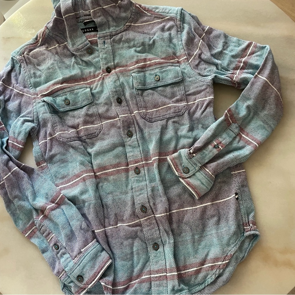 Edgar + Ash Hooded Striped Blue and Gray Shirt size S